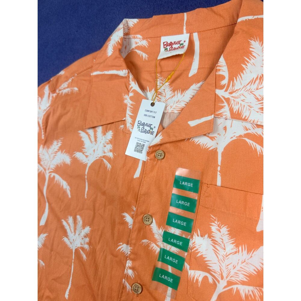 Barefoot in Paradise Hawaiian Shirt Mens L Orange Palm Tree NWT 100% Cotton